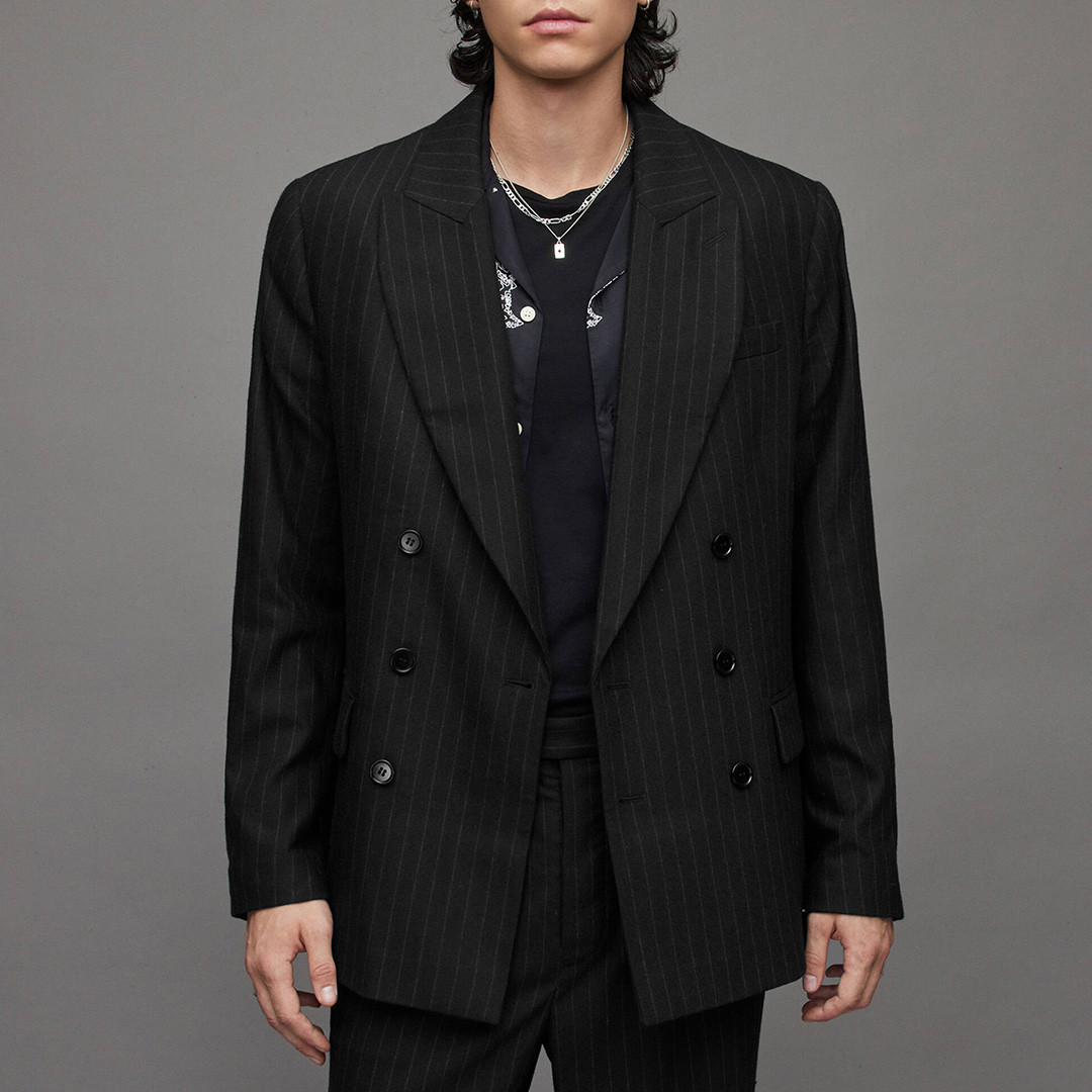 Black Blues Pinstriped Wool Blend Blazer