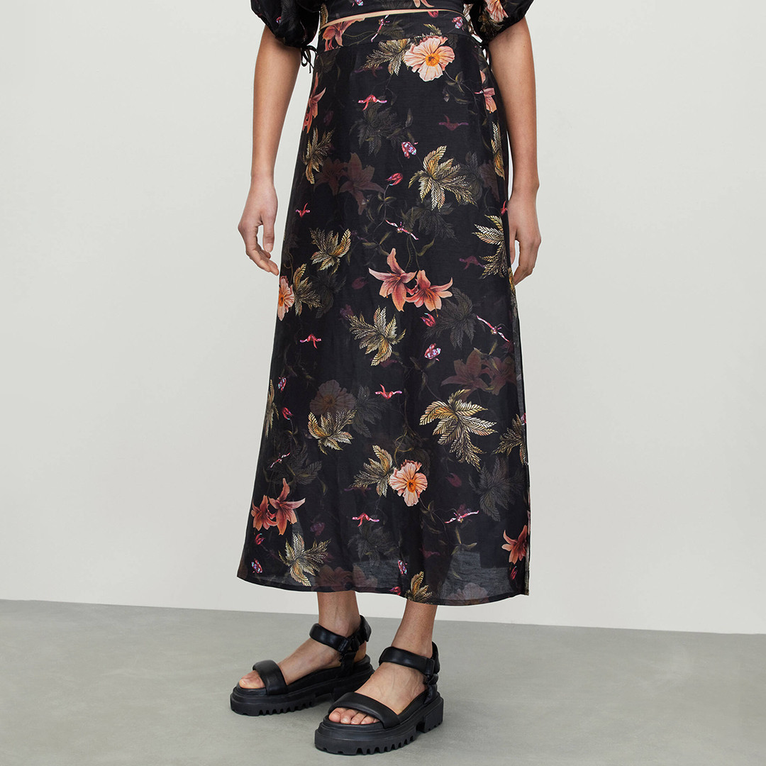 Black Floral Asta Viviana Silk Linen Blend Maxi Skirt