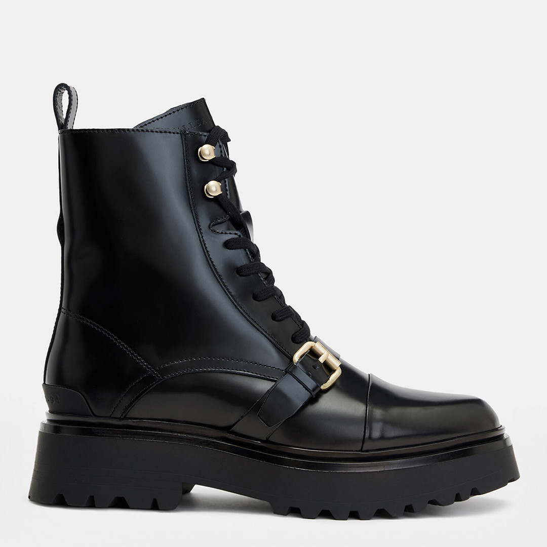 Black Stellar Buckle Leather Boots