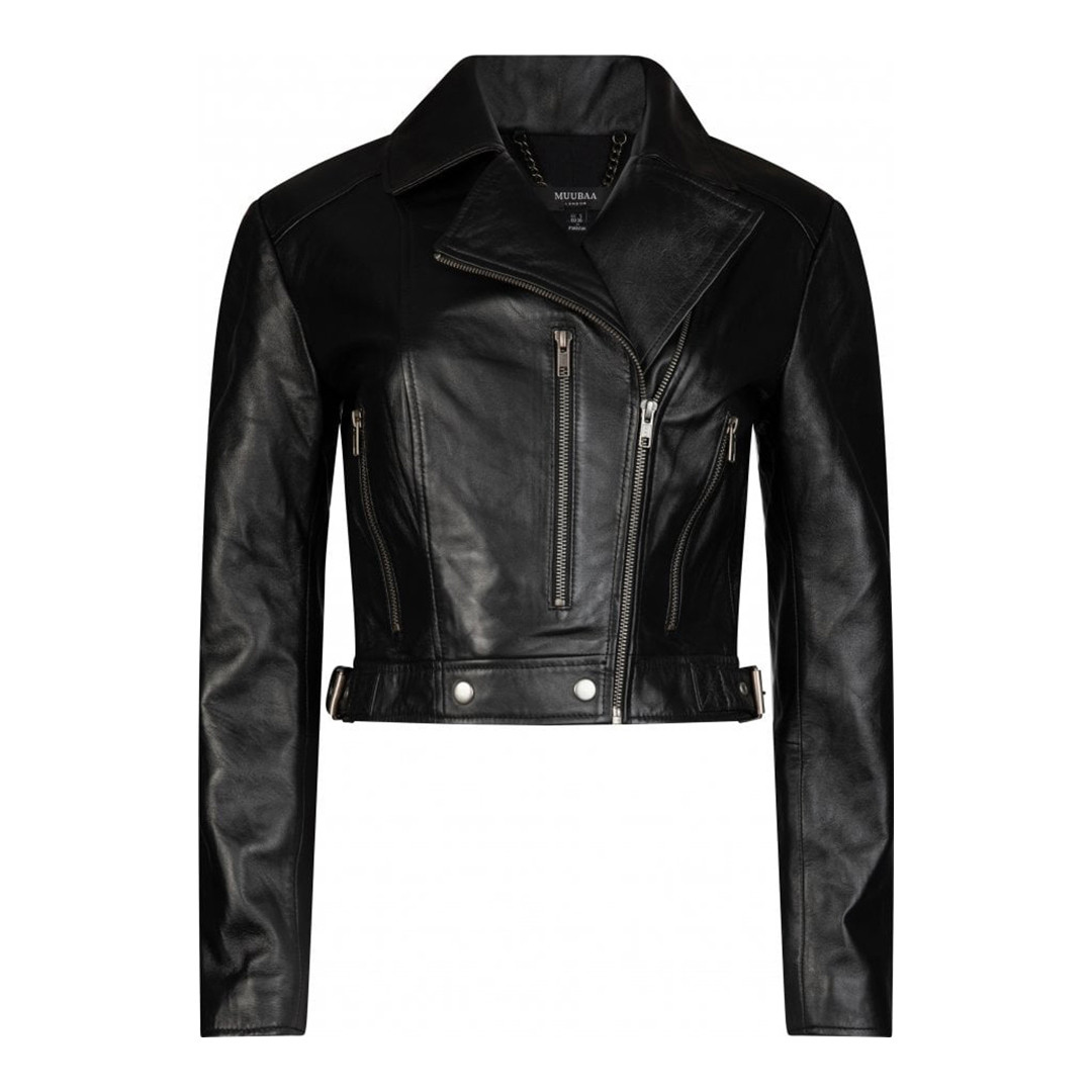 Black Celia Cropped Leather Biker Jacket