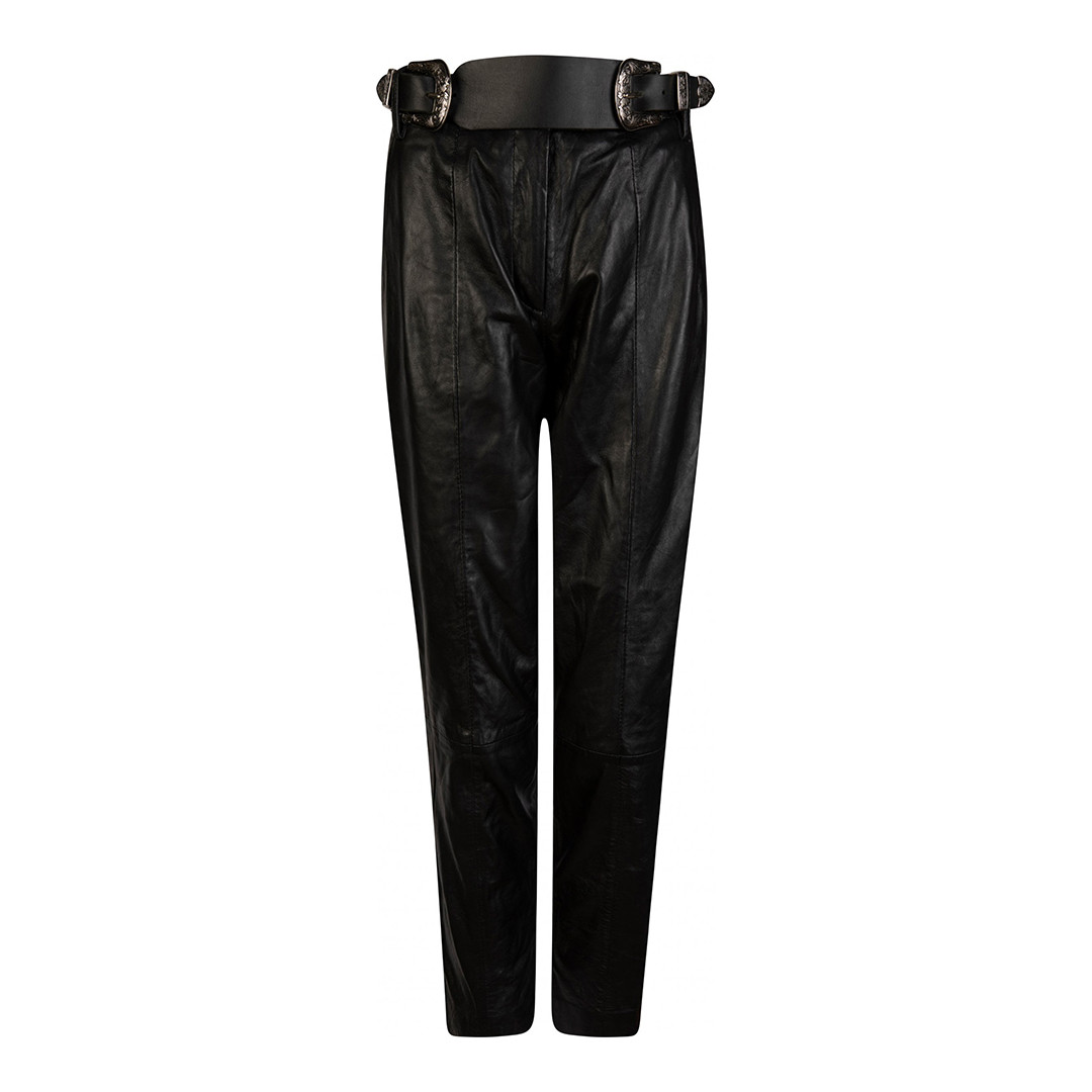 Black Twin Buckle Tapered Leather Trousers