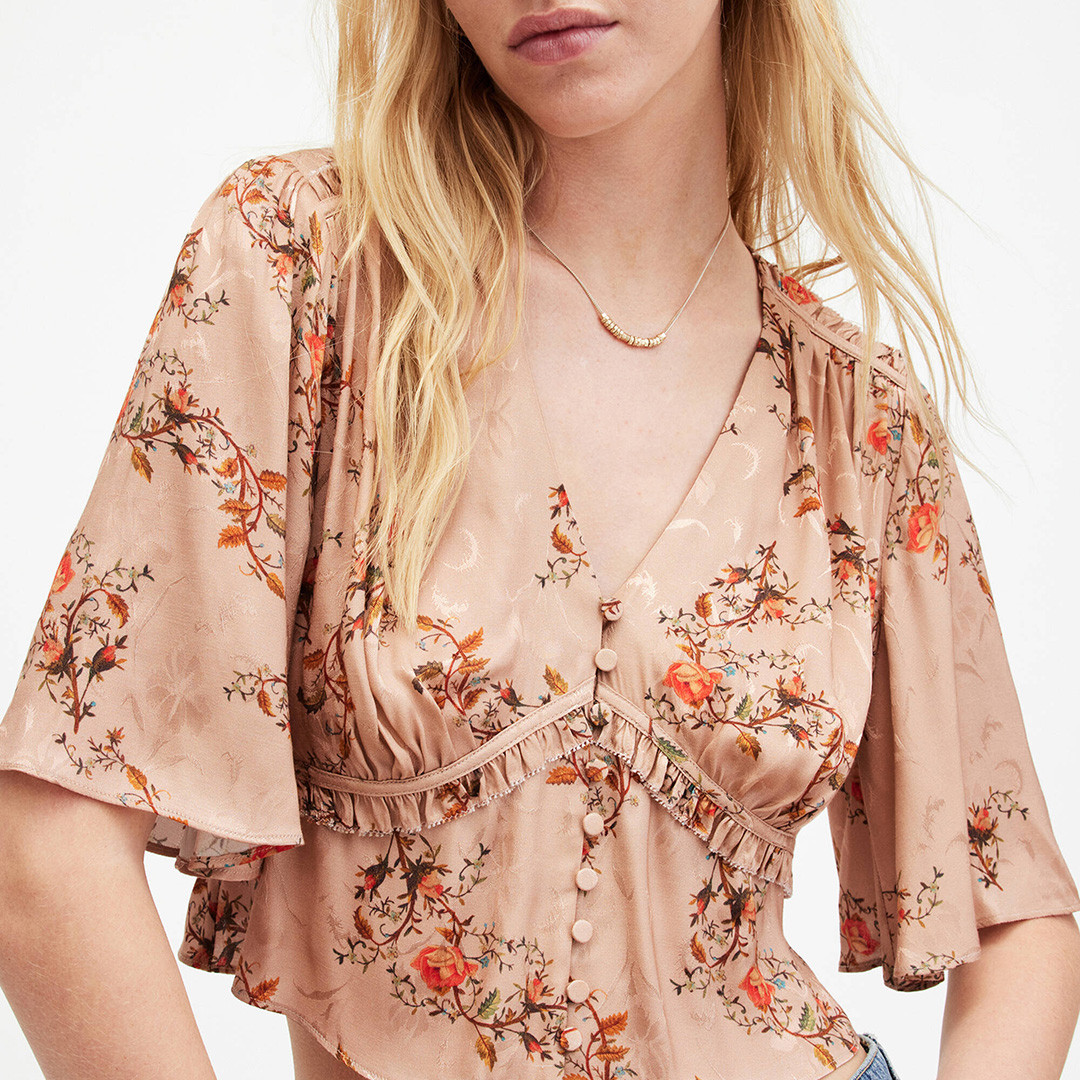 Beige Floaral Tian Oto Shirred Bust Top