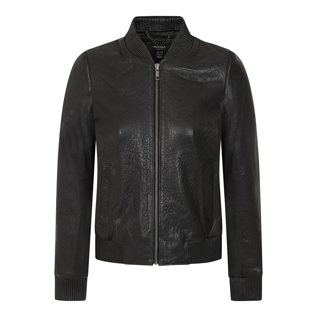 Black Textured Leather Bomber Jacket