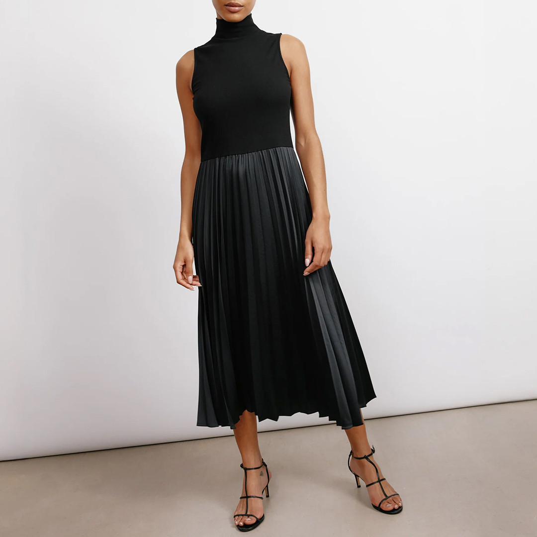 Black Jersey & Woven Pleat Dress