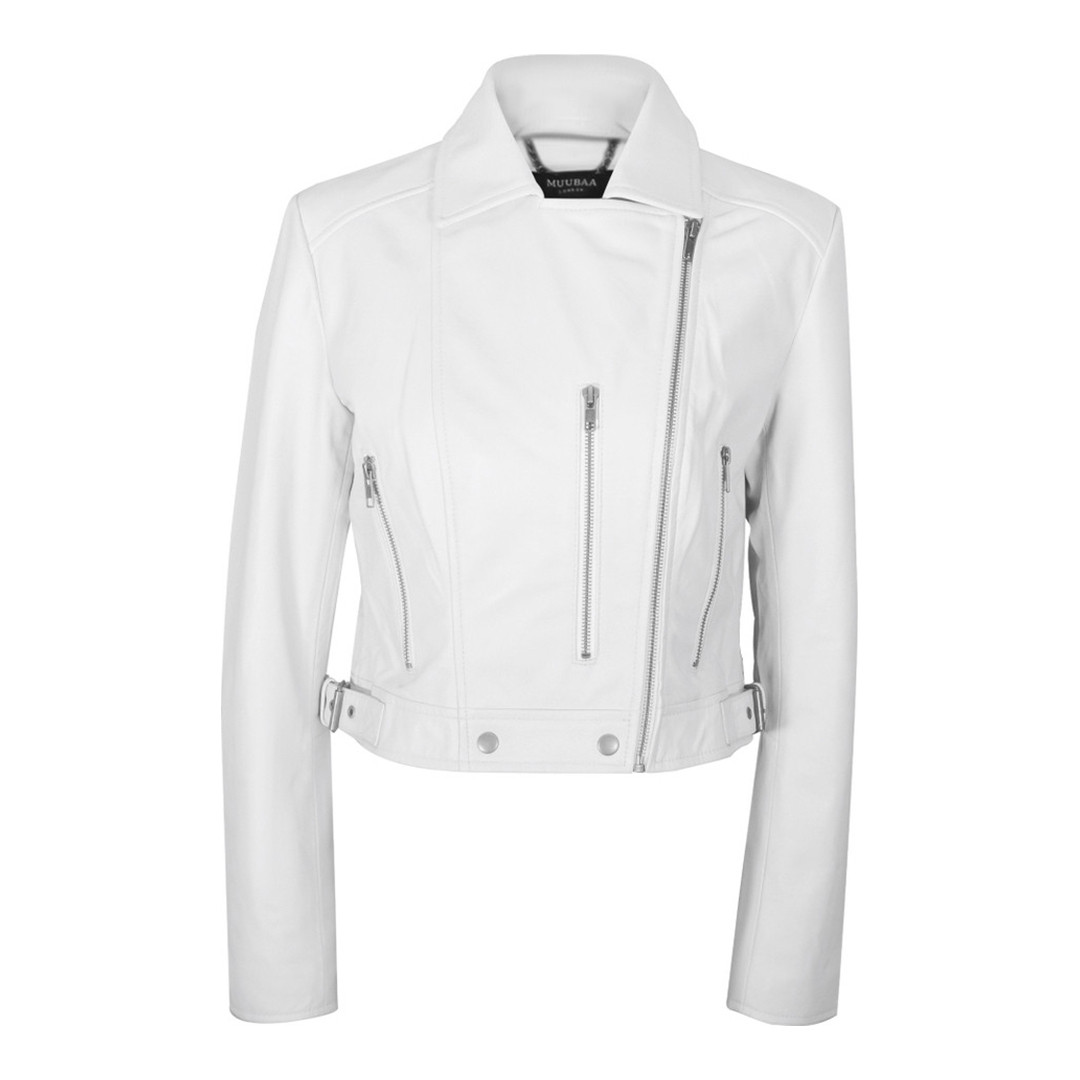 White Bella Belted Leather Biker