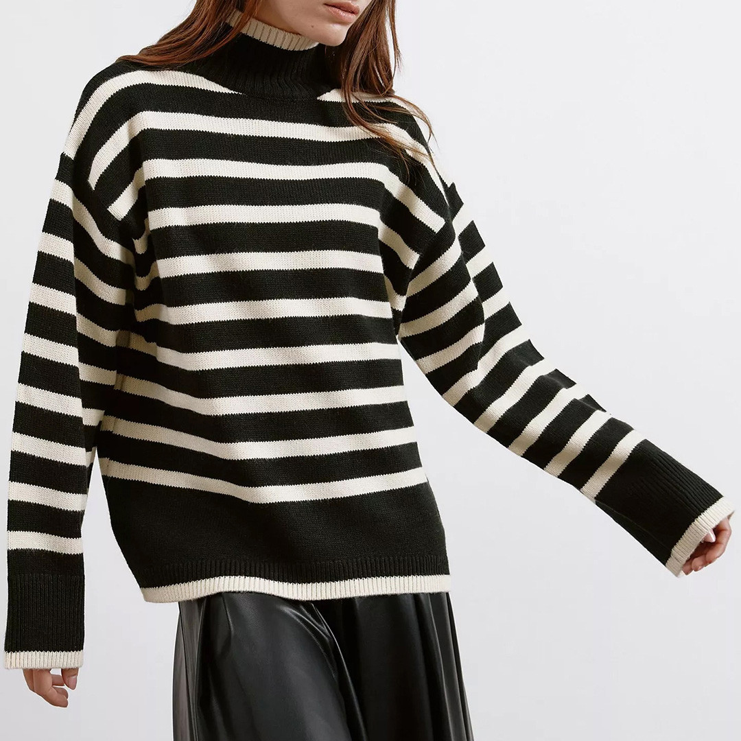 Black Stripe Wool Blend Turtle Neck