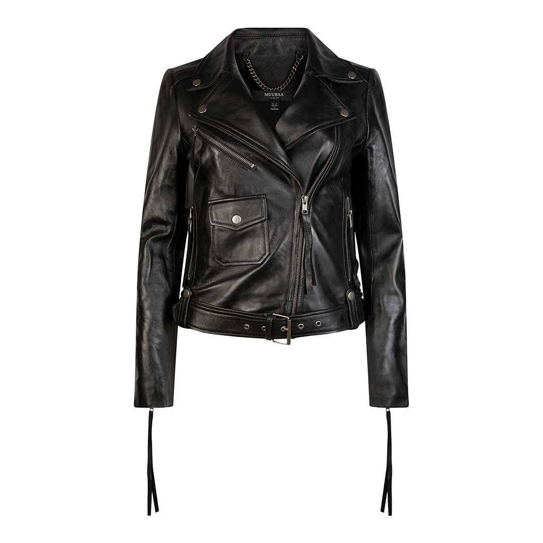 Black Tassel Zip Leather Biker Jacket