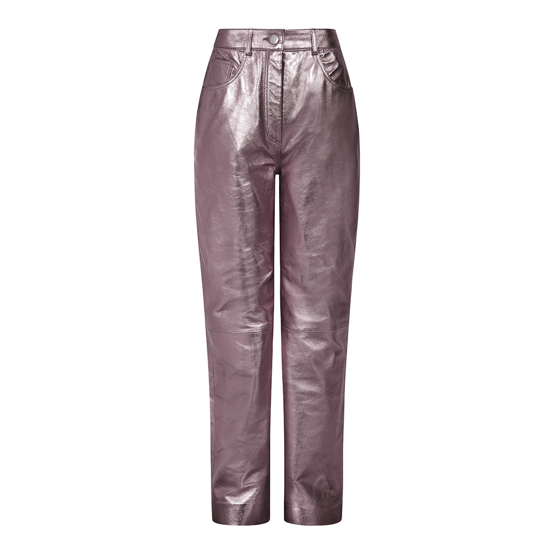 Purple Metallic Amy Straight Leather Trousers