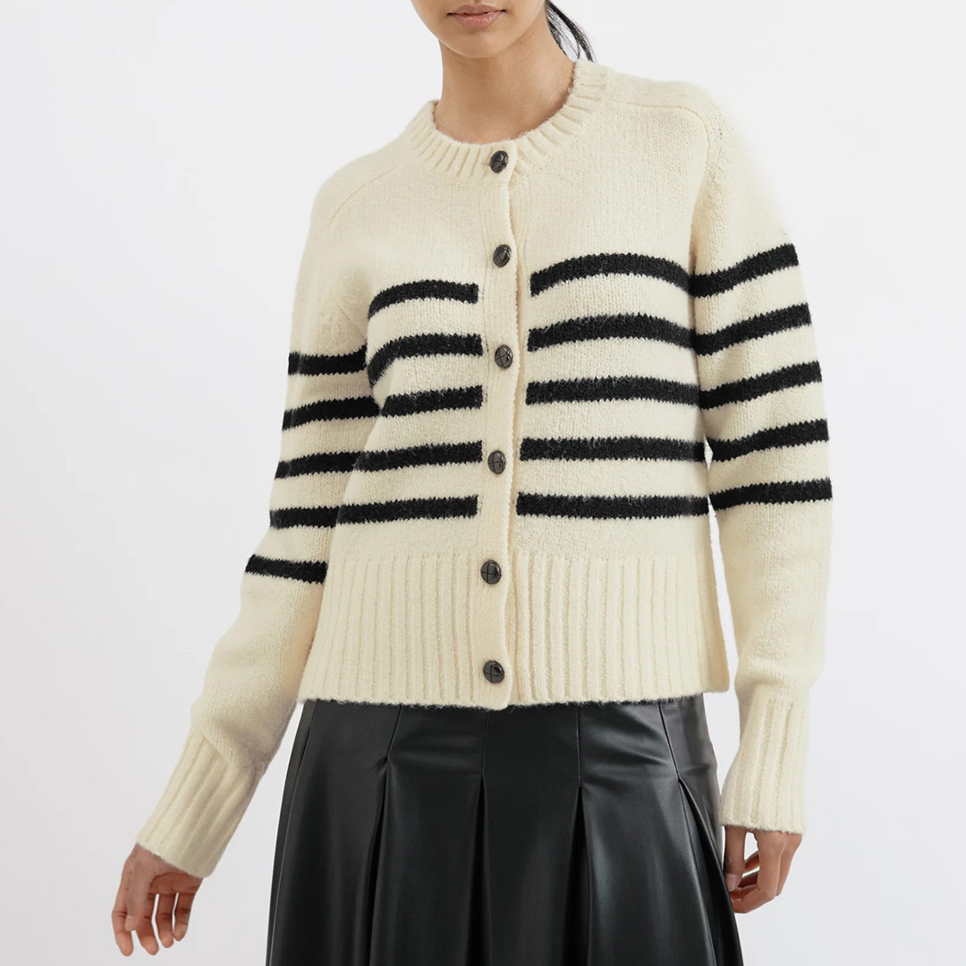 Cream Wool Blend Stripe Button Cardigan