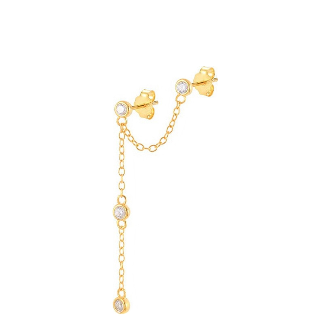 Gold Plated Double Stud Hanging Chain Swarovski Crystal Earrings