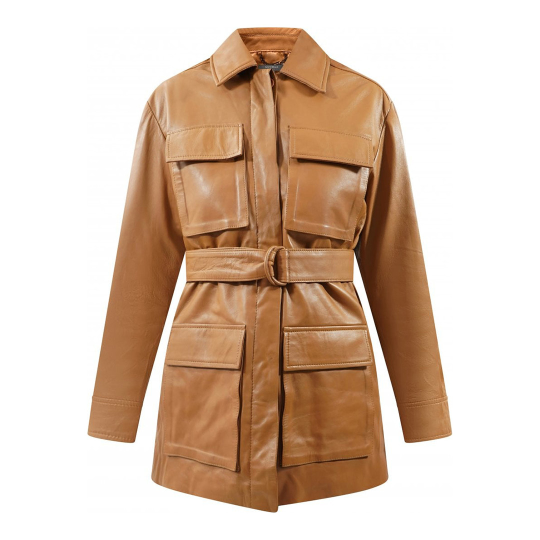 Camel Parker Belted Safari Leather Jacket