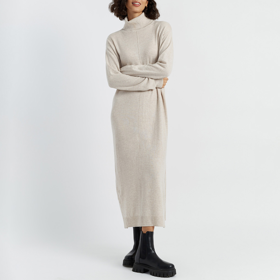 Ecru Wool Cashmere Blend Roll Neck Dress