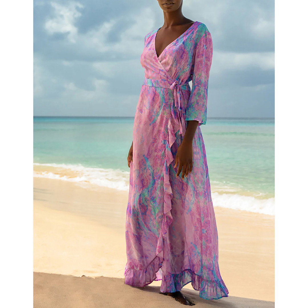 Long Fantasy Pink Maxi Ruffle Wrap Dress