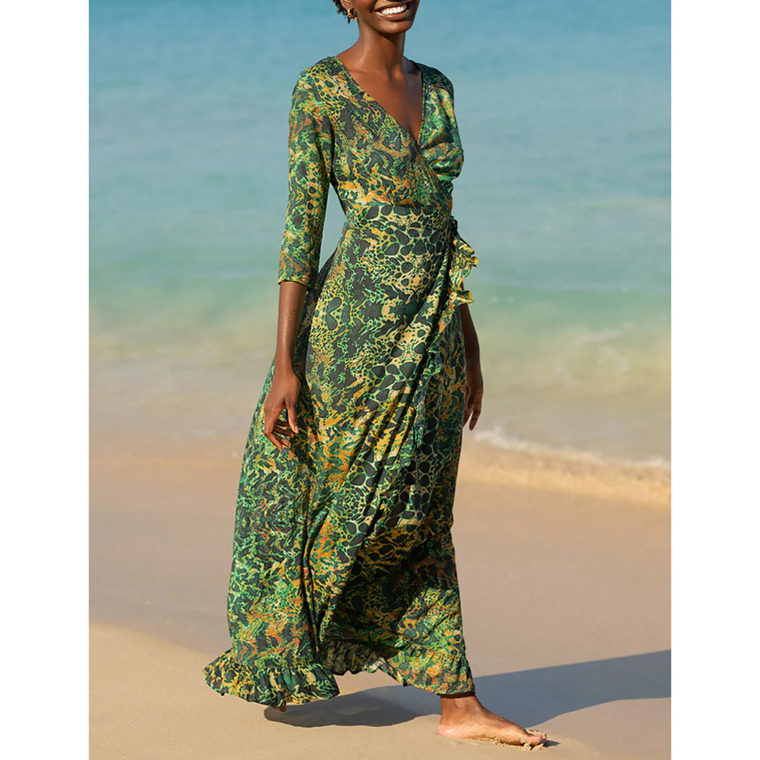 Emerald Leopard Maxi Ruffle Wrap Dress