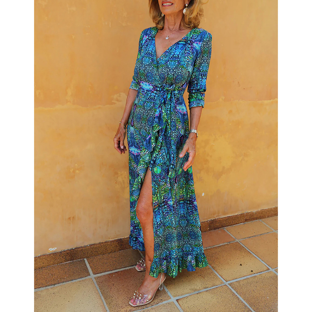 Long Blue Iguana Maxi Ruffle Wrap Dress