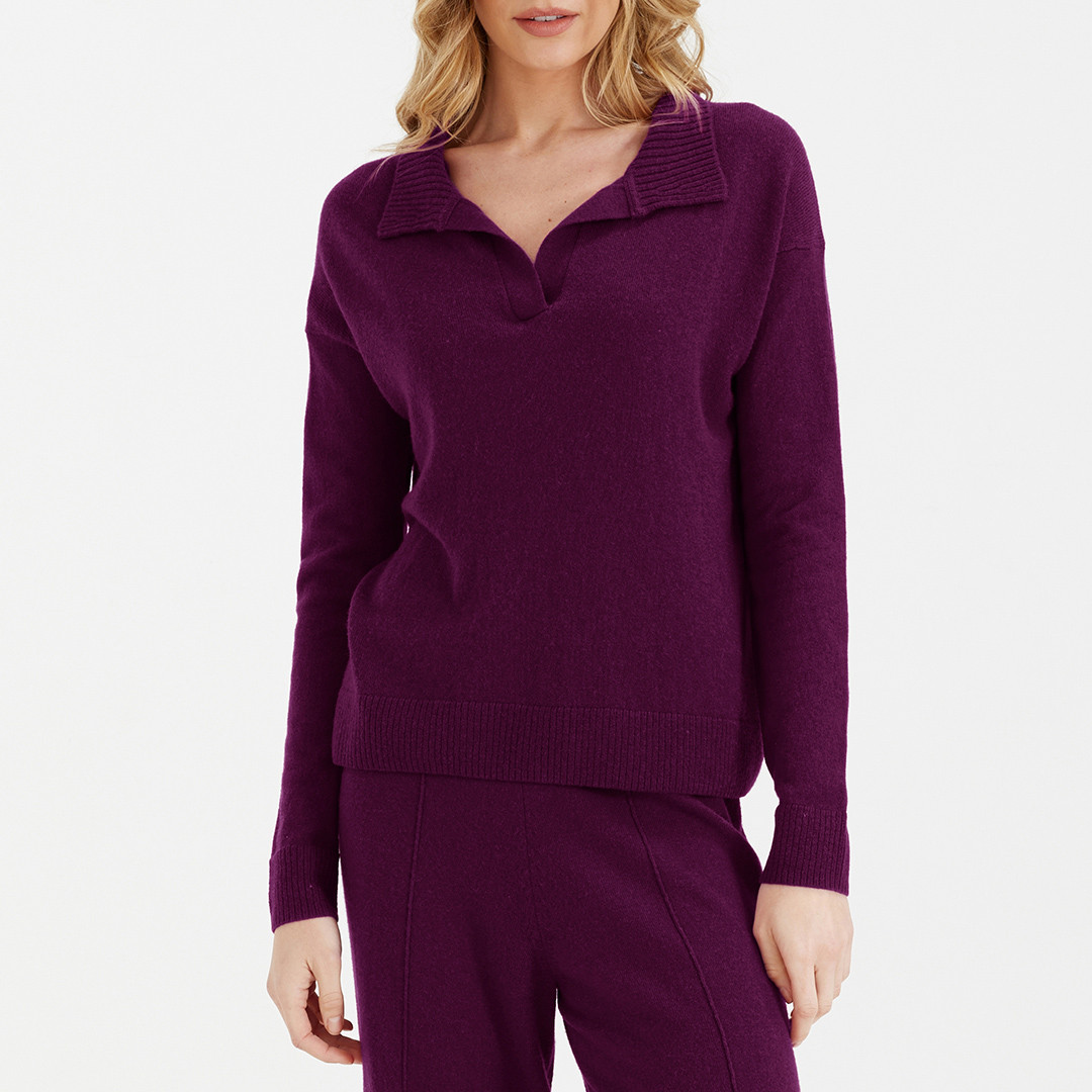 Plum Wool Cashmere Blend Collared Jumper