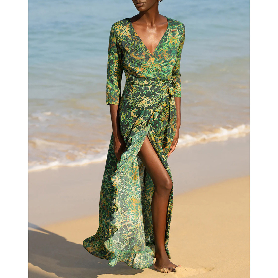 Long Emerald Leopard Maxi Ruffle Wrap Dress