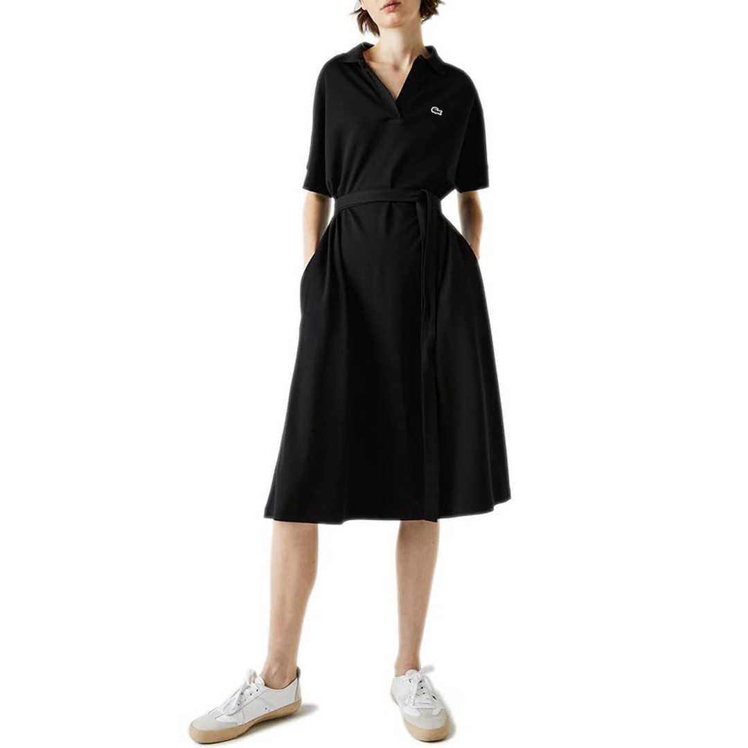 Black Loose Fit V-neck PiquÃ© Polo Dress