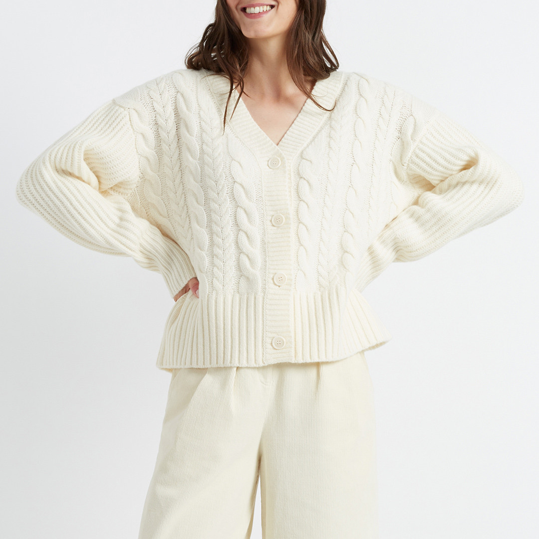 Ivory Aran Knit Wool Cardigan