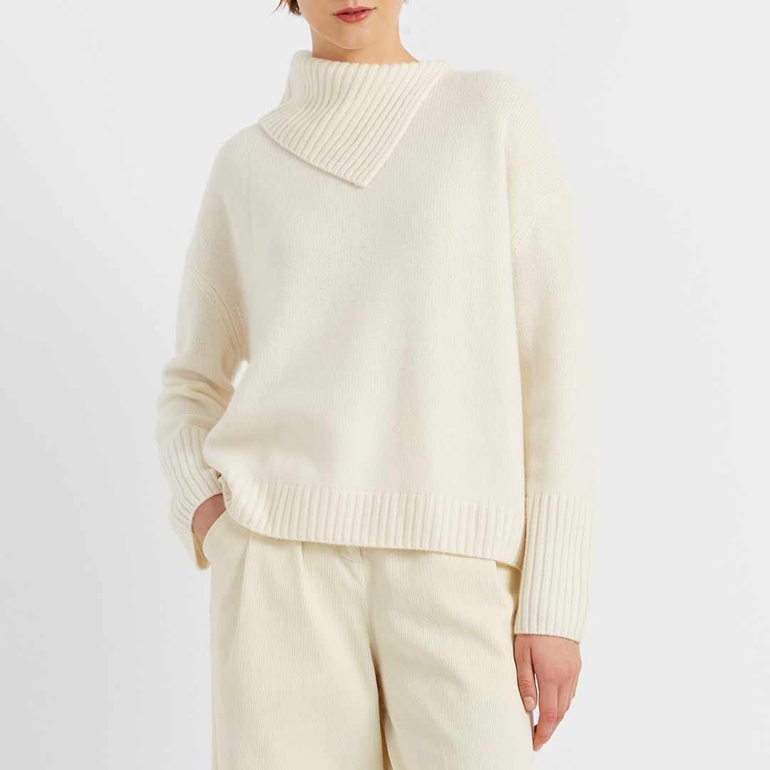 Ivory Cashmere Asymmetrical Neck Sweater