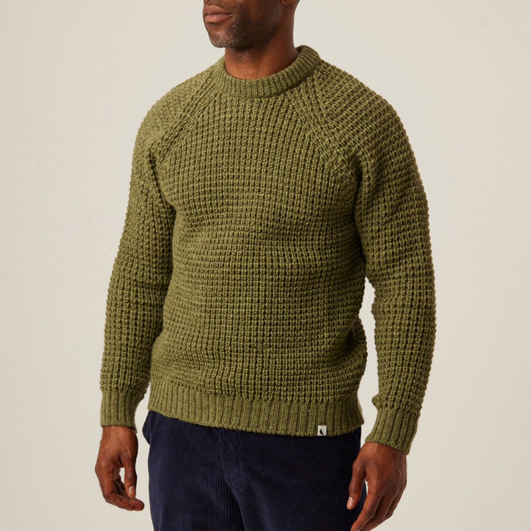 Moss Waffle Wool Crew Neck Jumper