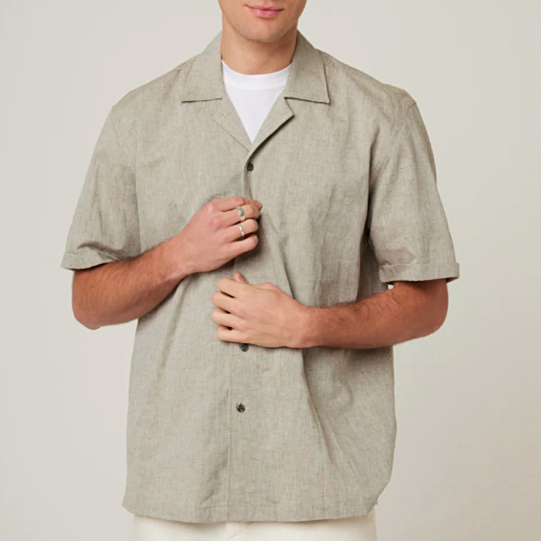 Khaki Linen Blend Short Sleeve Deck Shirt