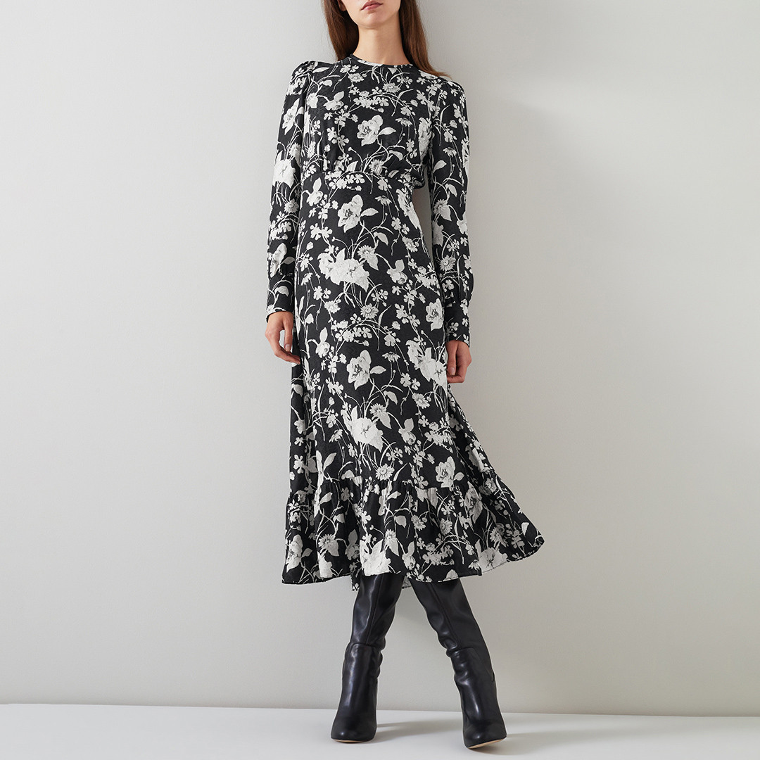 Black/White Printed Silk Blend Midi Dress