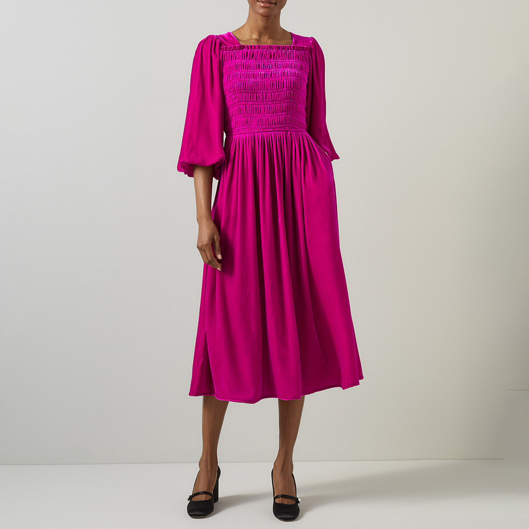 Fuschia Smocked Bodice Midi Dress