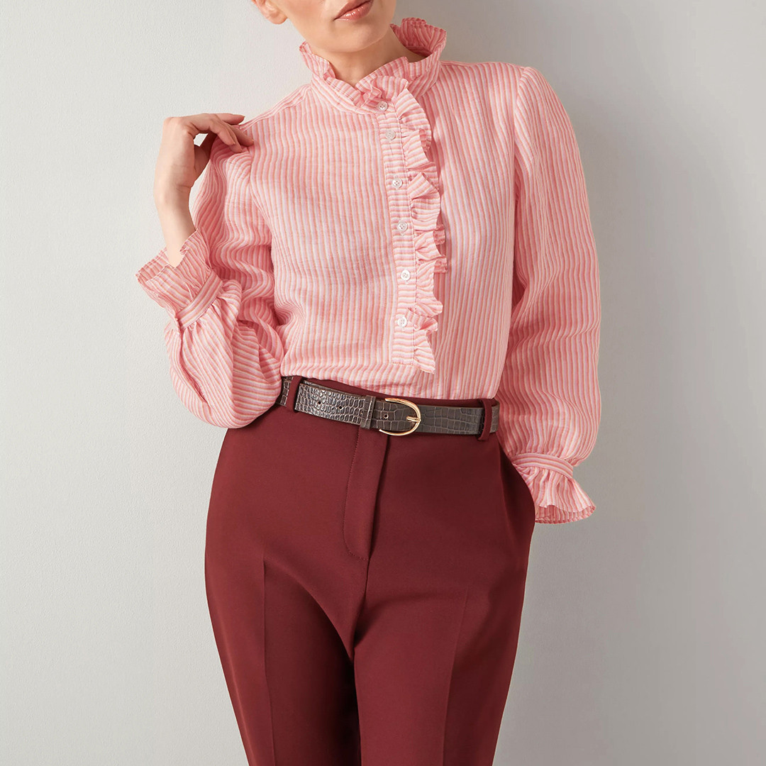 Flamingo Striped Ruffle Linen Blend Blouse