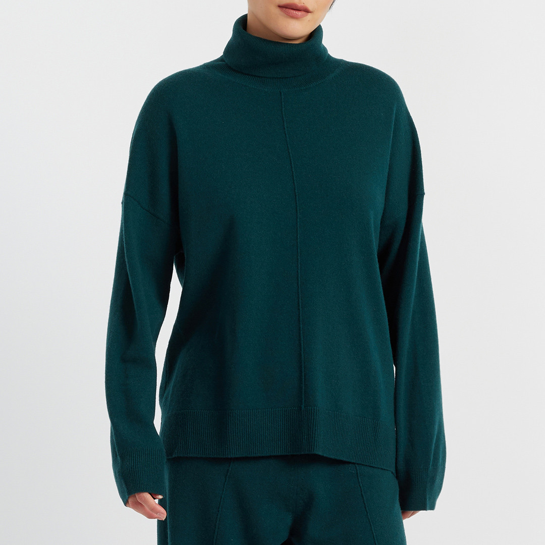 Forest Green Wool Cashmere Blend Relaxed Roll Neck