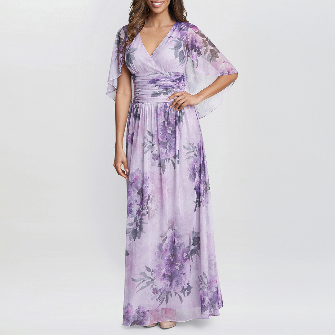 Caroline Printed Maxi Dress With Overlay Sleeves