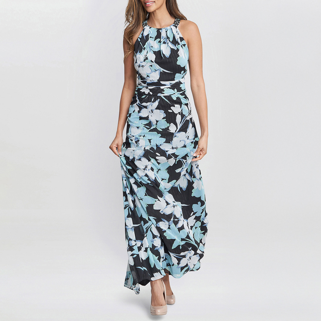 Irina Printed Halter Neck Maxi Dress With Embellished Neckline