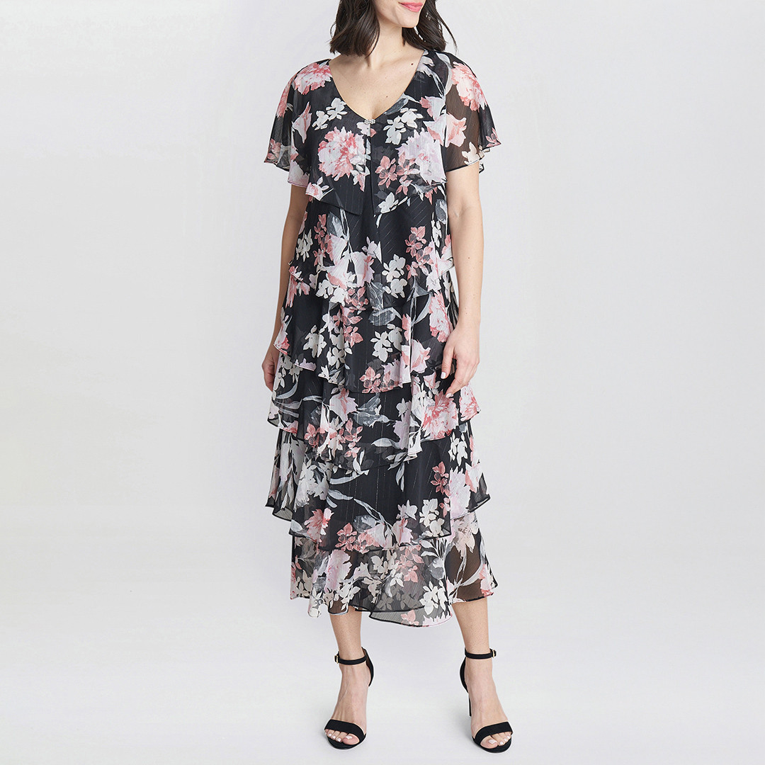 Janice V Neck Printed Midi Length Tiered Dress