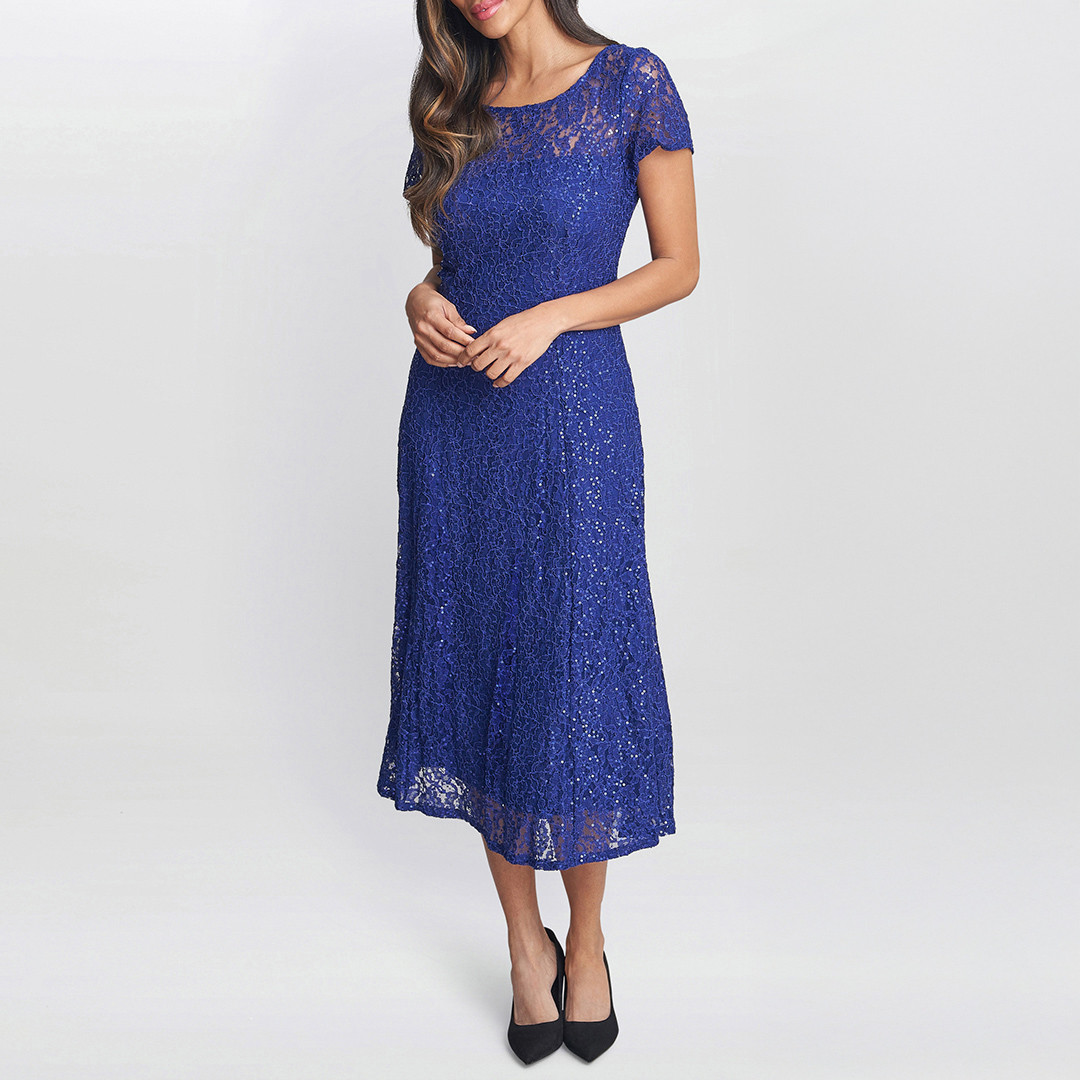 Demi Cap Sleeve Midi Length Sequin Lace Dress