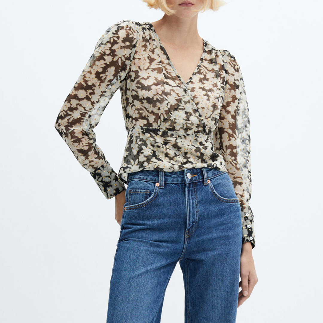 Black Floral Print Crossover Blouse