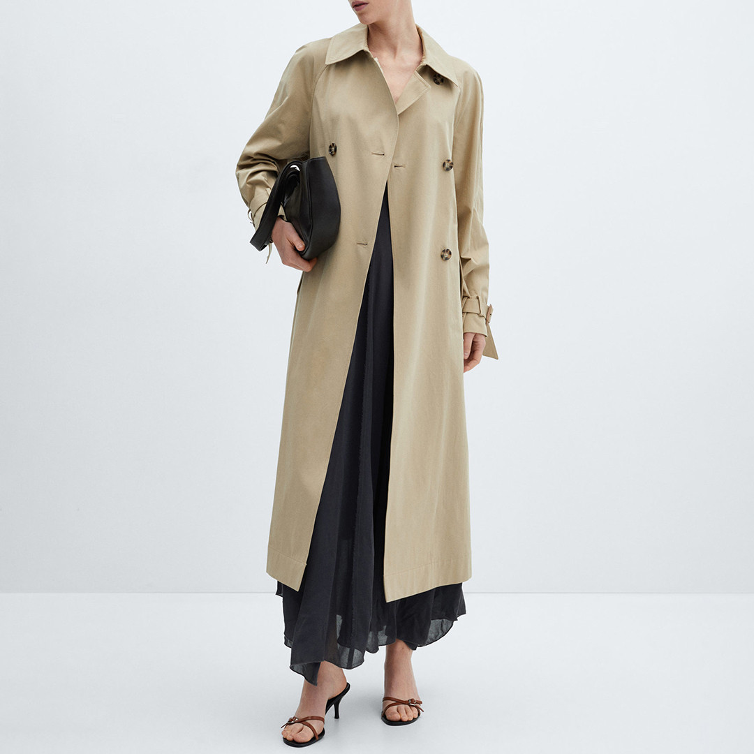 Beige Double-Breasted Cotton Trench Coat