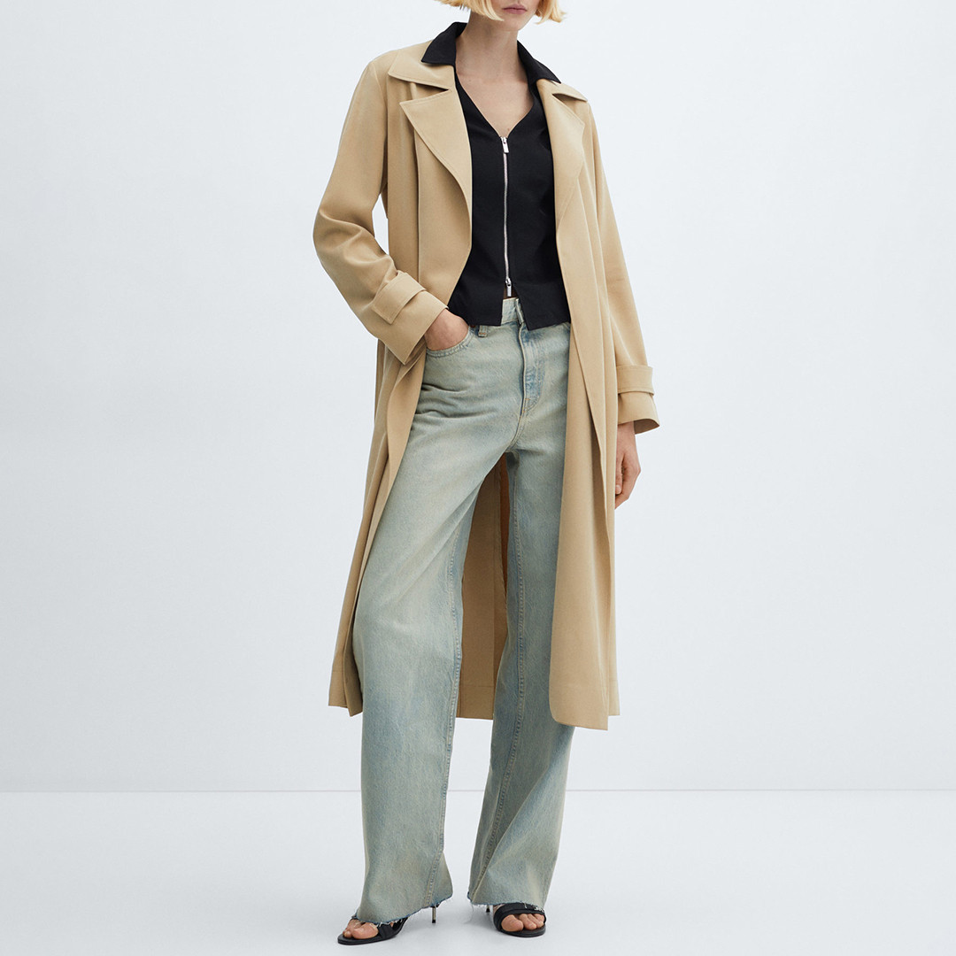 Beige Flowy Lapel Trench