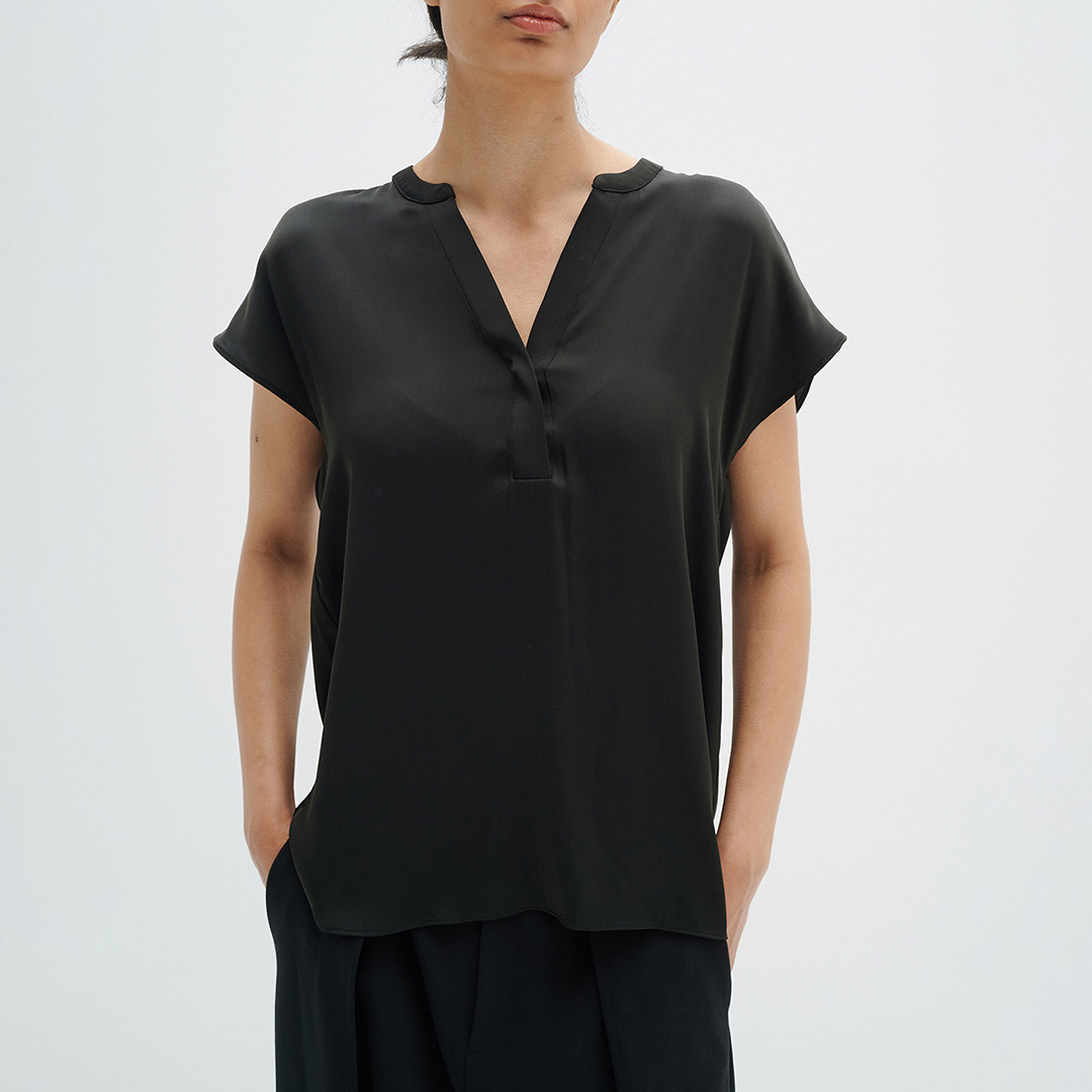 Black Notch Neck Drop Shoulder Blouse