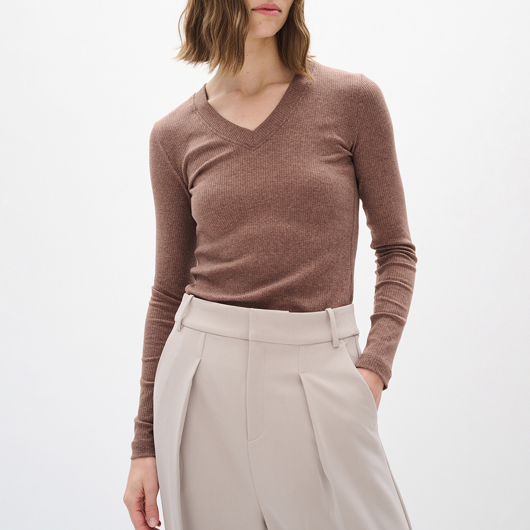 Beige Dagna V-neck Long Sleeve Top