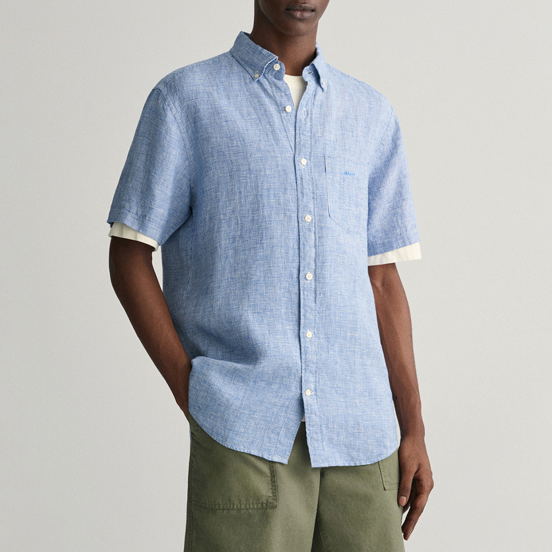 Blue Regular Linen Houndstooth Boxy Shirt