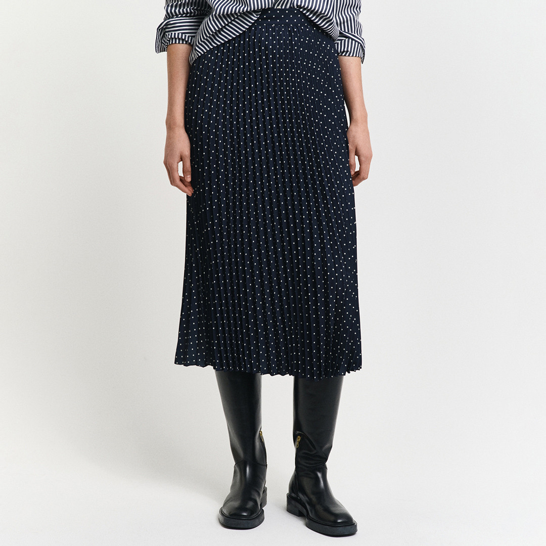 Blue Dot Print Pleated Midi Skirt