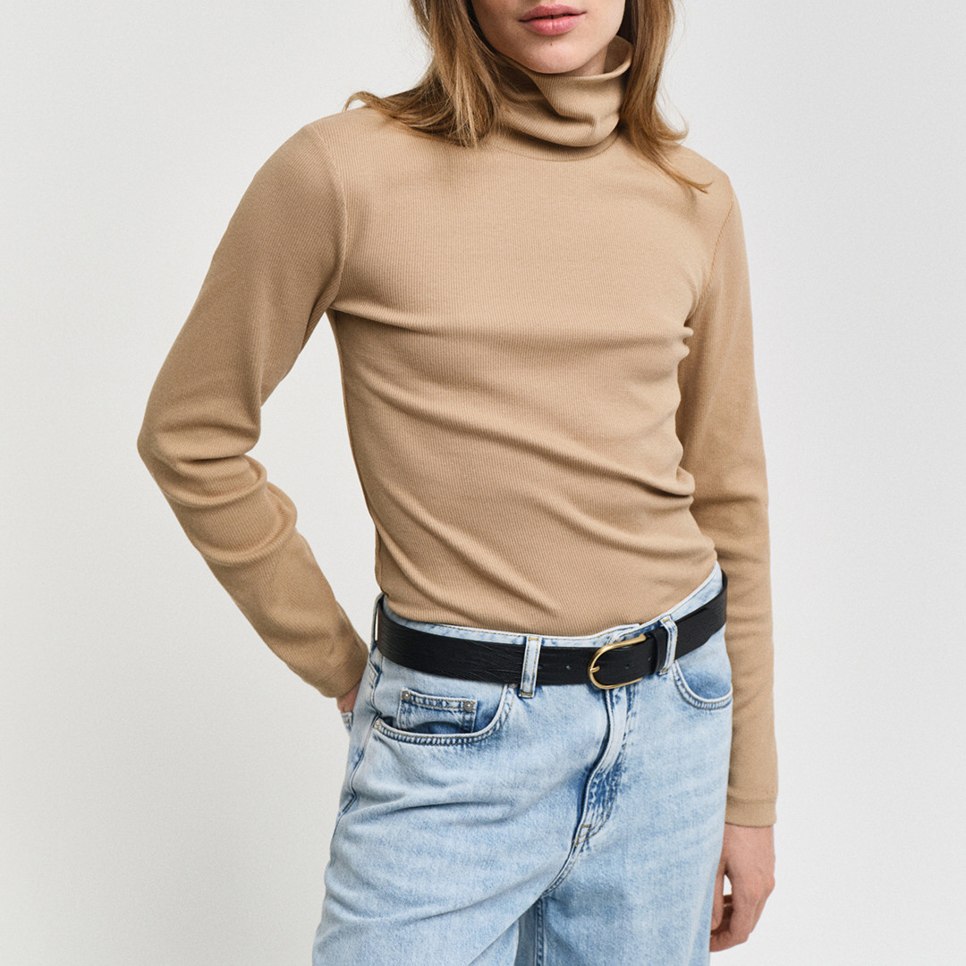 Beige Slim Ribbed Turtleneck Long Sleeve Top