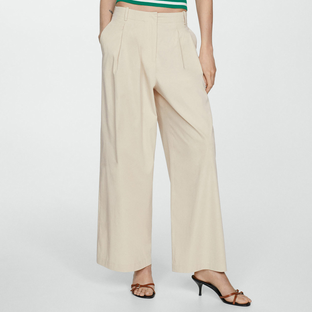 Beige Wideleg Pleated Trousers