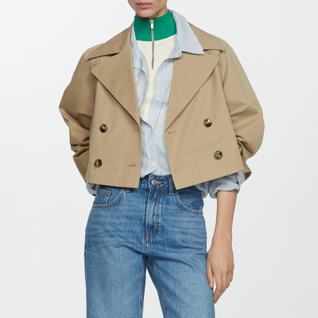 Beige Crop Trench Coat With Lapels