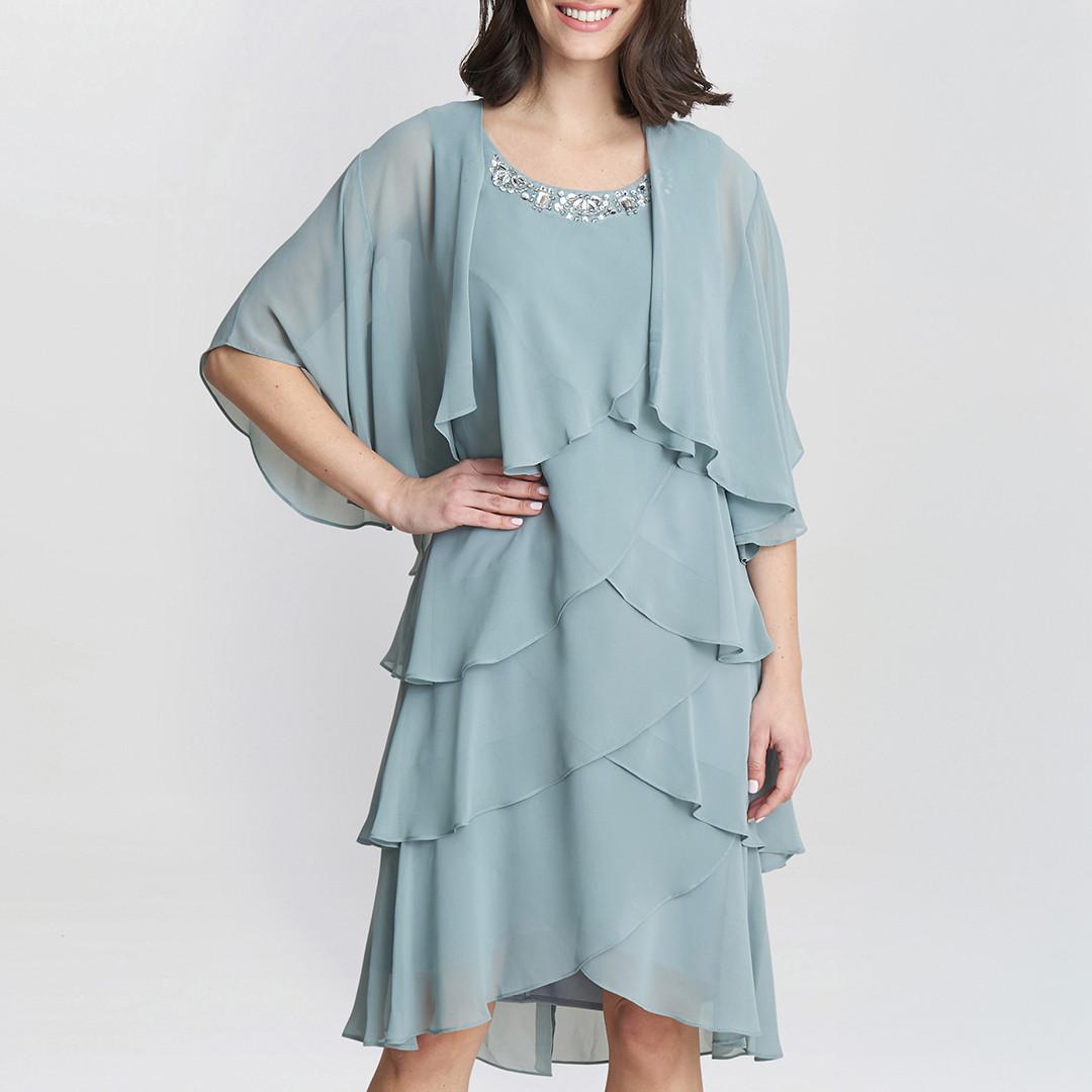 Toni Chiffon Tier Jacket Dress With Beaded Neck