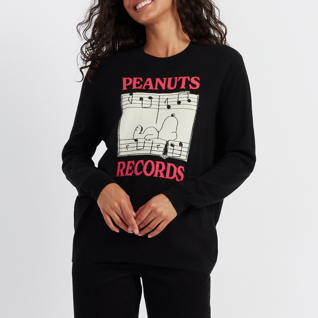 Black Wool Cashmere Blend Snoopy Records Sweater