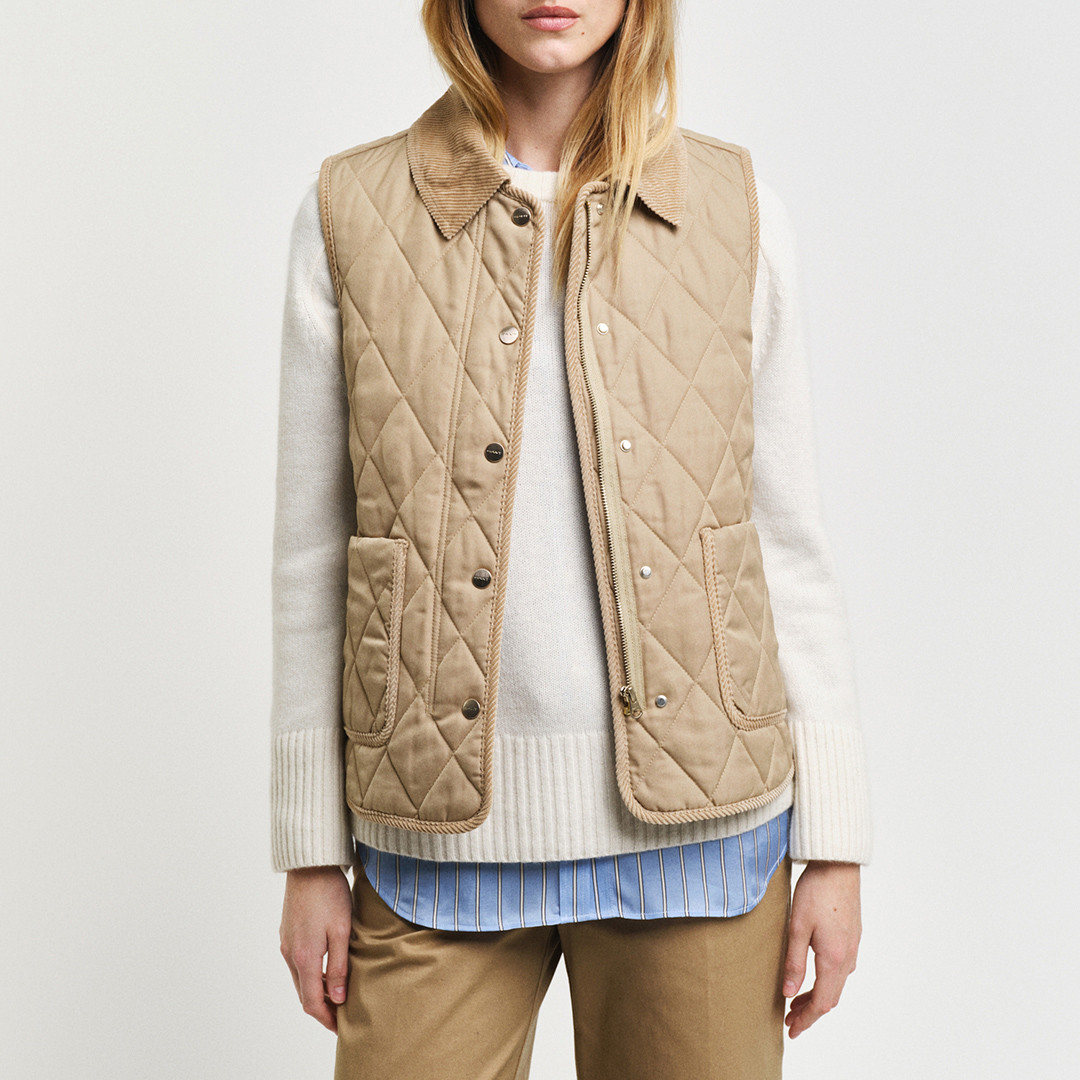 Beige Quilted Cord Detailed Gilet