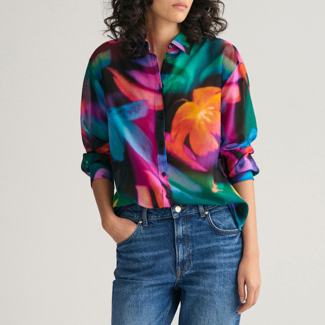 Black Relaxed Floral Print Cotton Silk Shirt