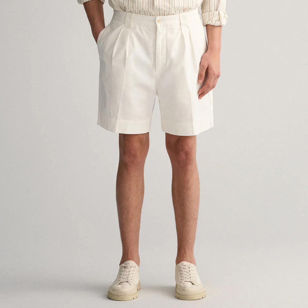 Ecru Pleated Twill Chino Shorts