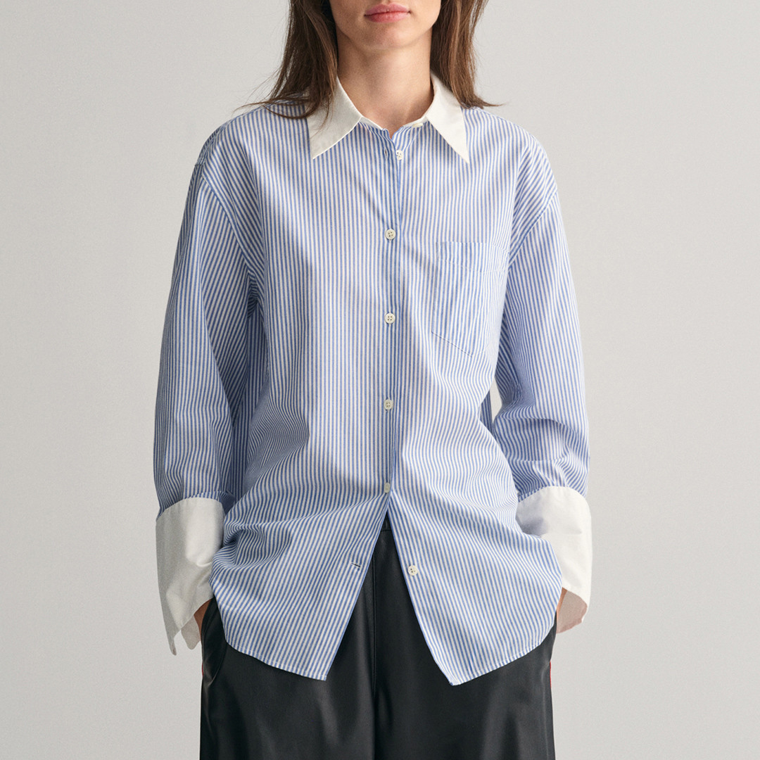 Blue Relaxed Contrast Collar Striped Shirt